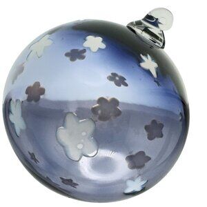 Hand-Blown Blue Glass Ornament White Blue Flower Christmas Holiday 3"